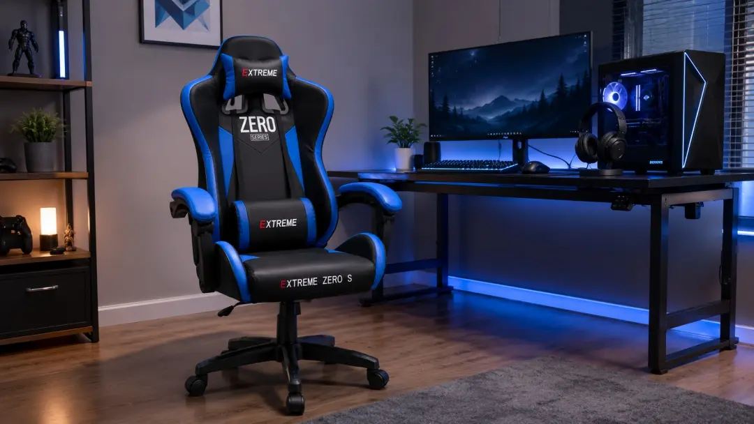 ghế gaming extreme zero s black blue trong góc setup pc