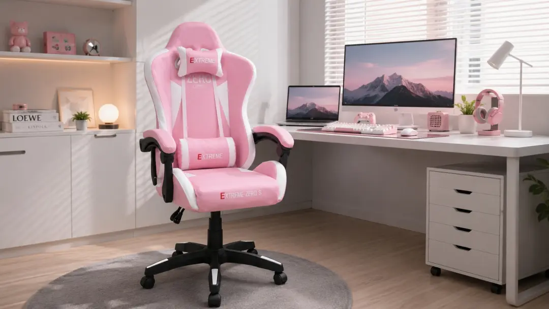 ghế gaming extreme zero s pink trong góc setup sáng màu