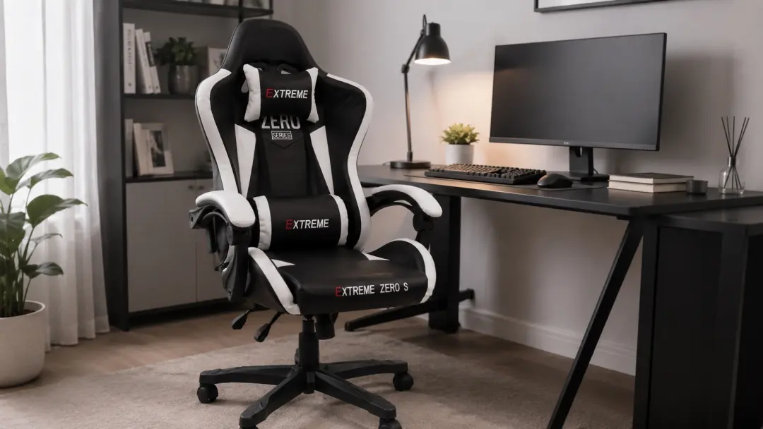 ghế gaming extreme zero s white black trong góc setup hiện đại