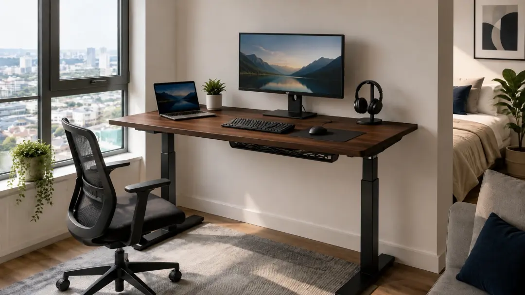 Setup bàn nâng hạ gọn với quản lý dây cáp tốt trong căn hộ nhỏ