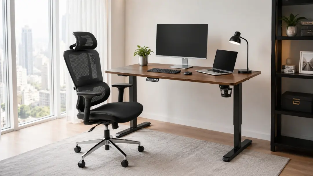 Bàn nâng hạ kết hợp ghế trong góc làm việc hiện đại tại nhà