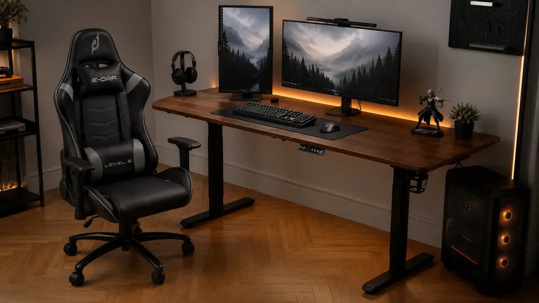 Setup gaming workstation với bàn nâng hạ và ghế gaming tại nhà