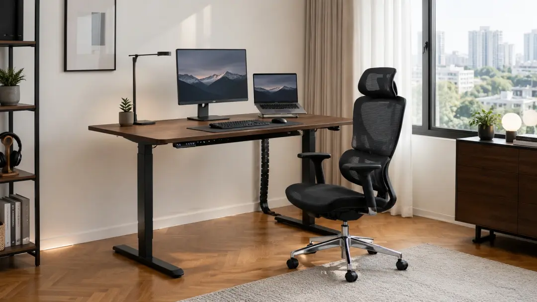 Setup WFH với bàn nâng hạ và ghế công thái học trong căn hộ hiện đại