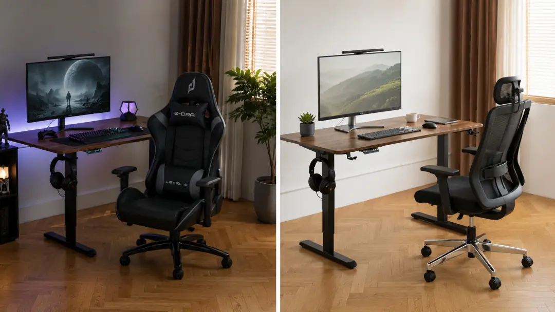 So sánh không gian setup với ghế gaming và ghế công thái học