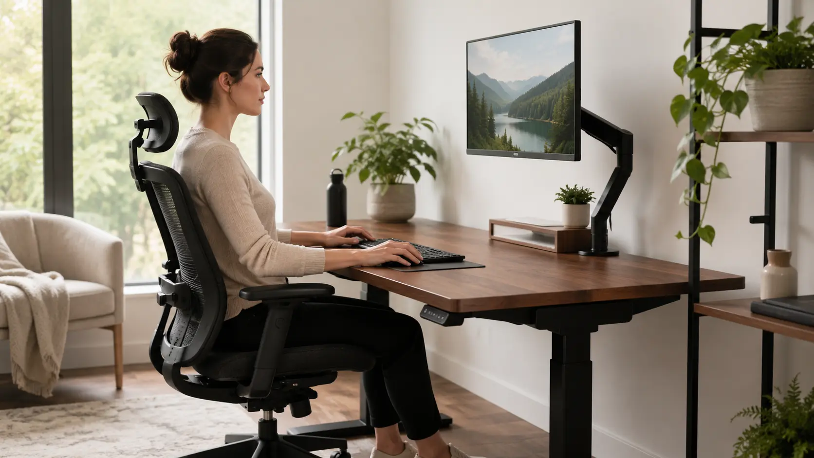 Màn hình ngang tầm mắt trong setup góc làm việc tại nhà