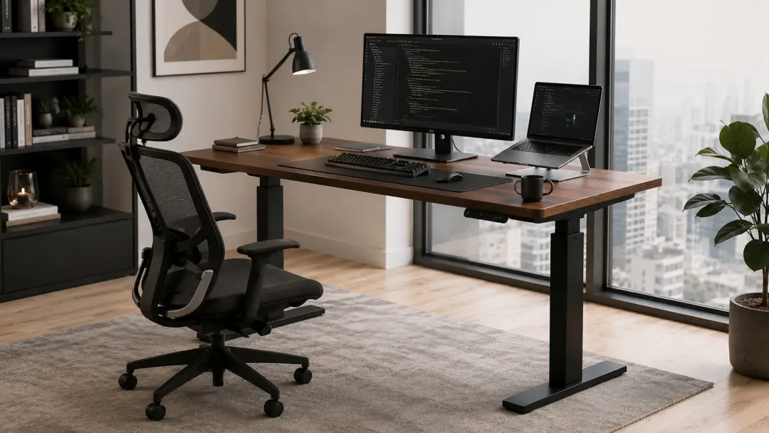 Setup WFH với bàn điện nâng hạ trong căn hộ hiện đại