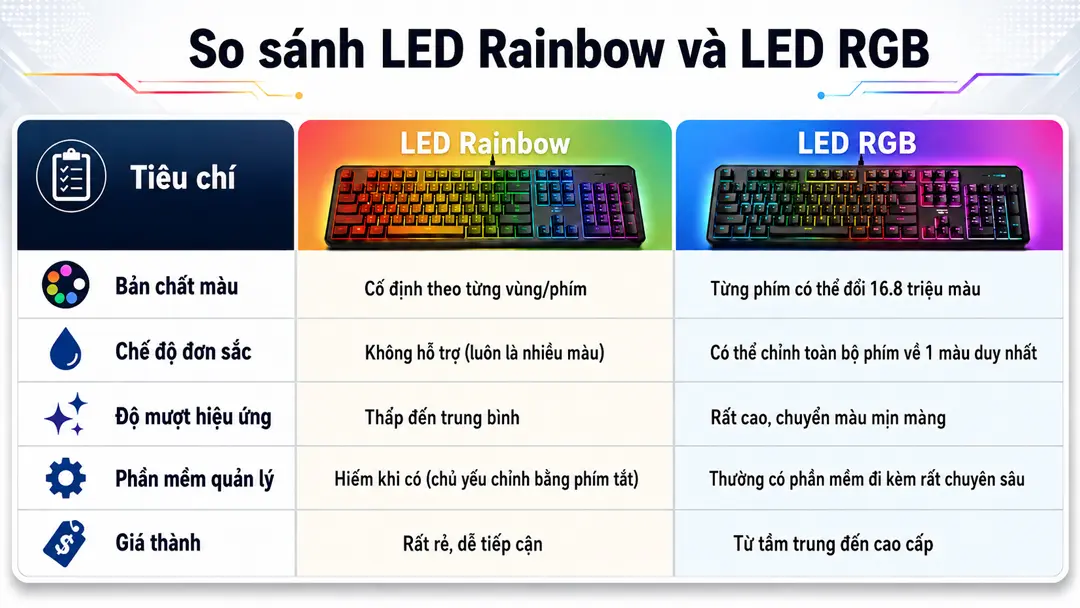 So sánh LED Rainbow và LED RGB trên bàn phím gaming