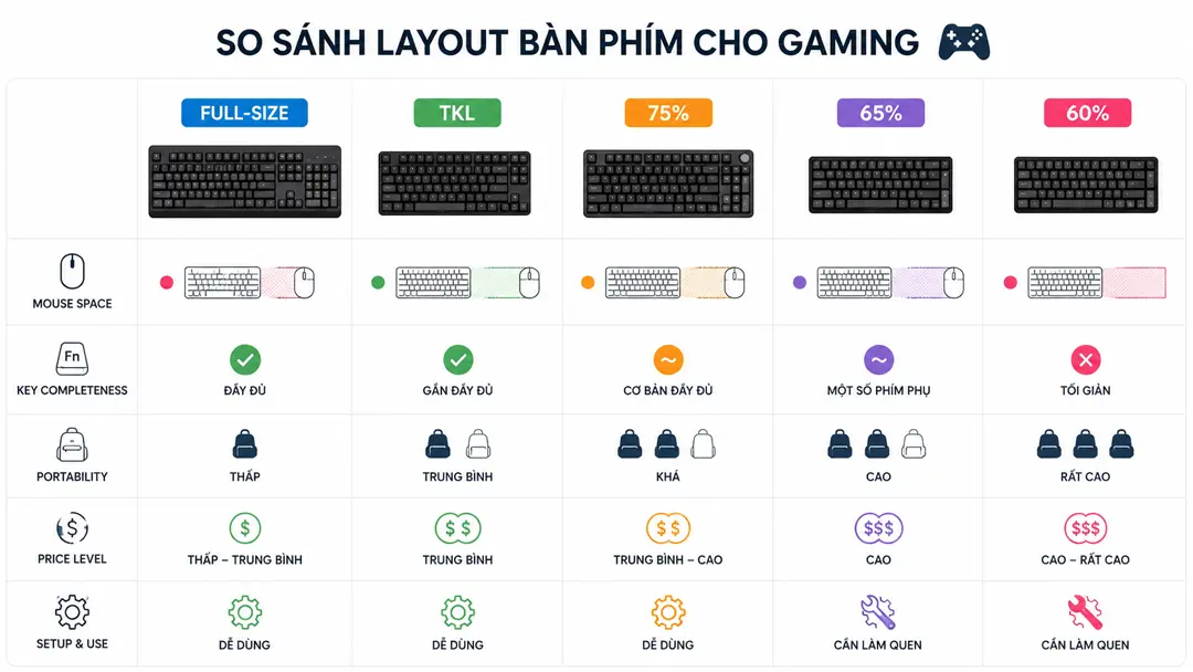 So sánh bàn phím 75% 65% và 60%