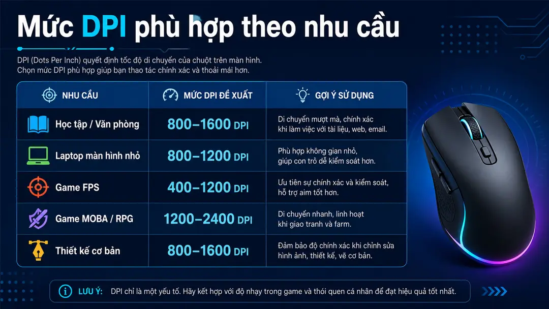Mức DPI phù hợp khi chọn chuột gaming