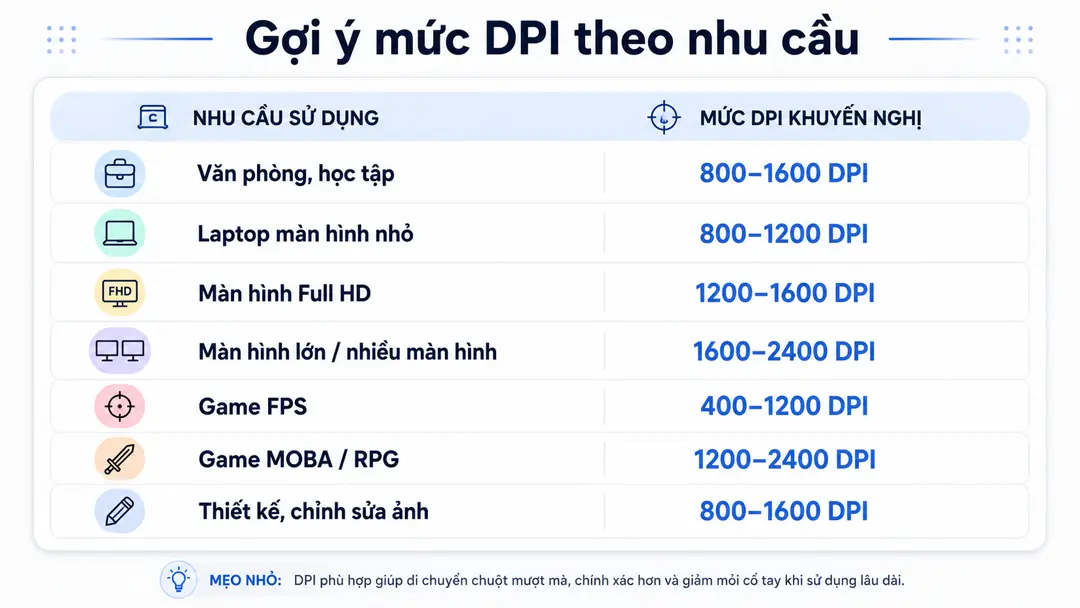 Bảng gợi ý mức DPI chuột theo nhu cầu sử dụng