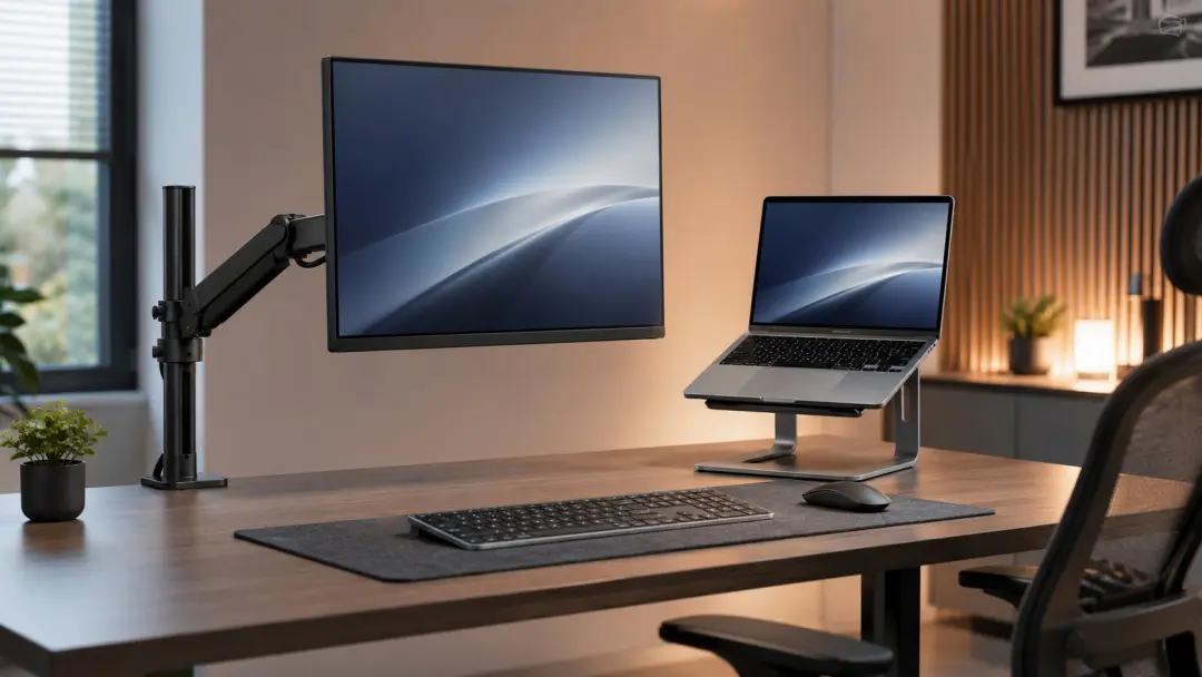 Monitor arm và giá đỡ laptop trong setup ergonomic