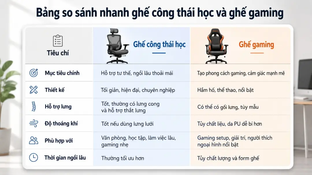 Bảng so sánh nhanh ghế công thái học và ghế gaming