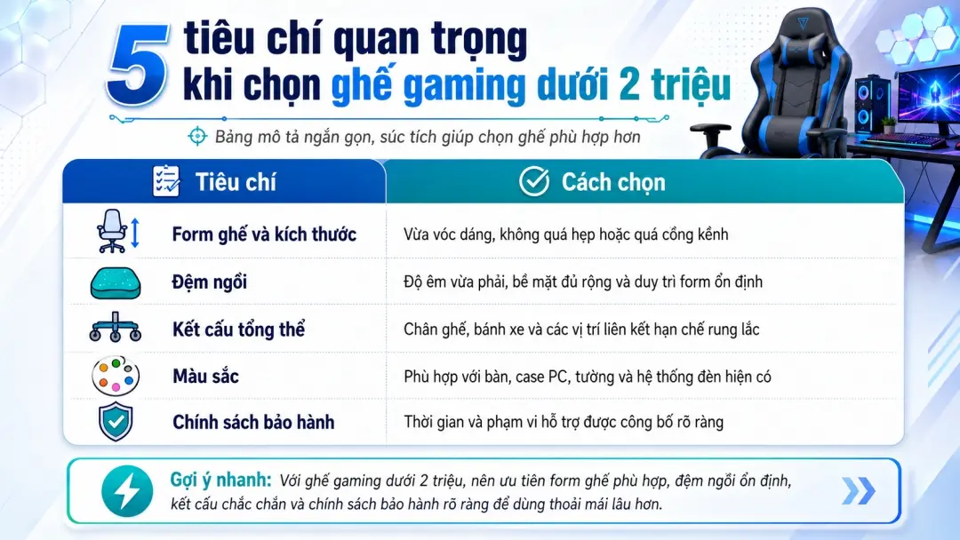 Các tiêu chí quan trọng khi chọn ghế gaming dưới 2 triệu
