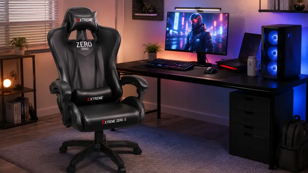 Ghế gaming trong góc setup học tập, làm việc và chơi game hiện đại