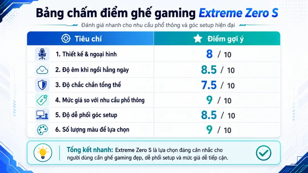Chấm điểm nhanh ghế gaming Extreme Zero S