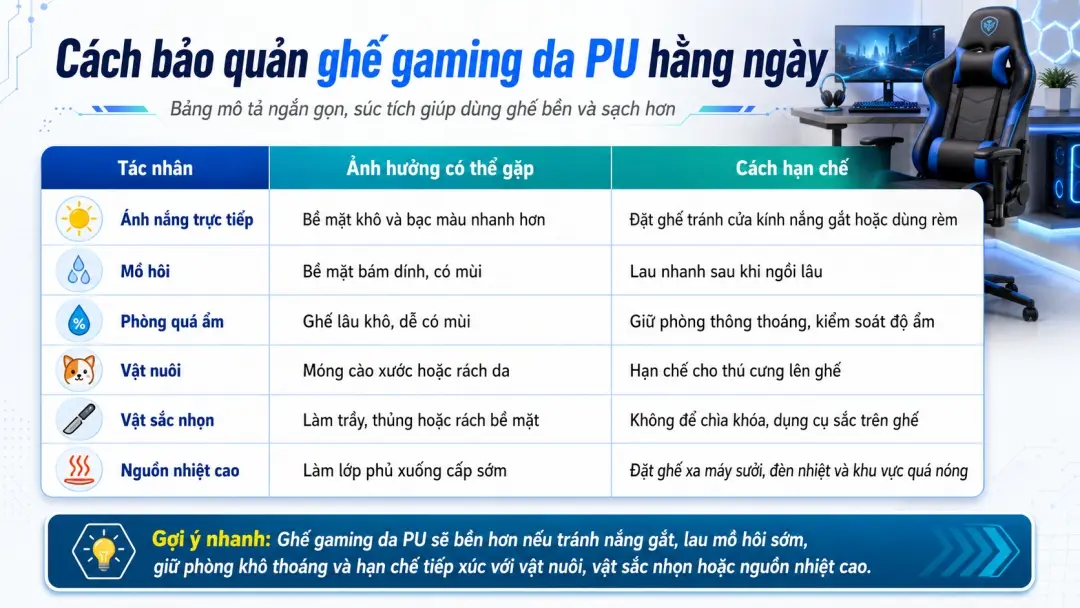 Cách bảo quản ghế gaming da PU hằng ngày