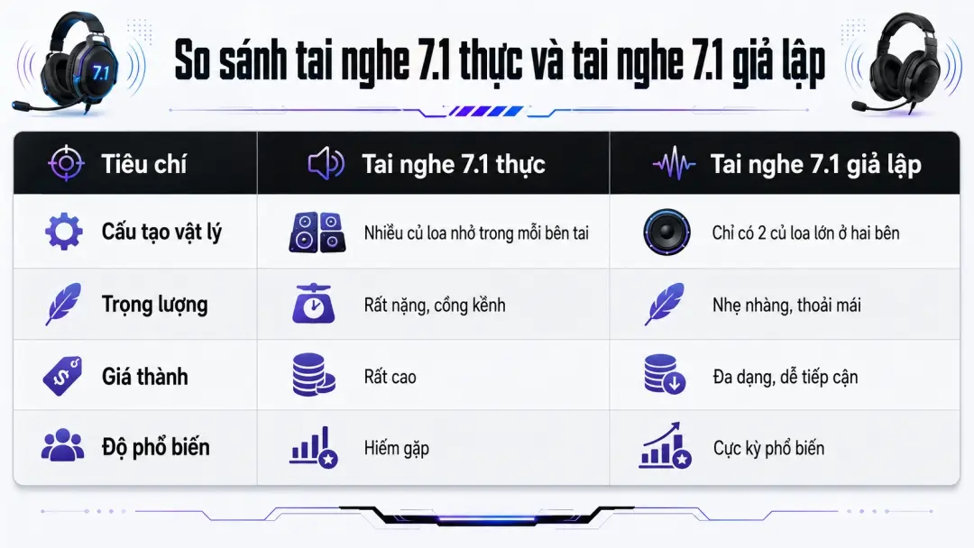 bảng so sánh tai nghe 7.1 thực và tai nghe 7.1 giả lập