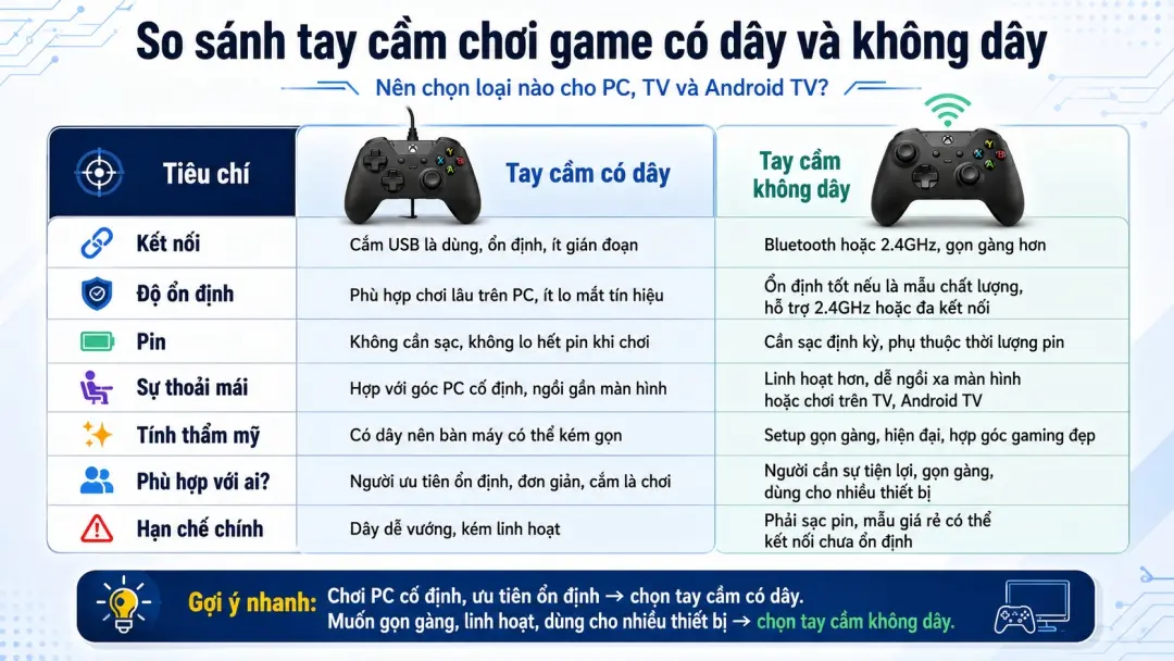 Bảng thông số tay cầm có dây và tay cầm không dây